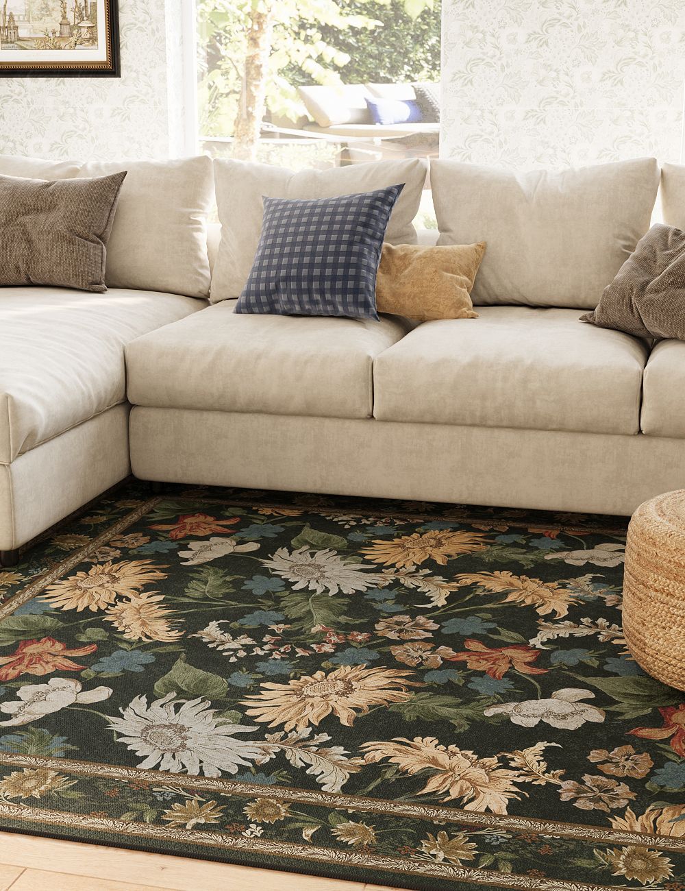 Romantic Blooms Jungle Green Washable Rug