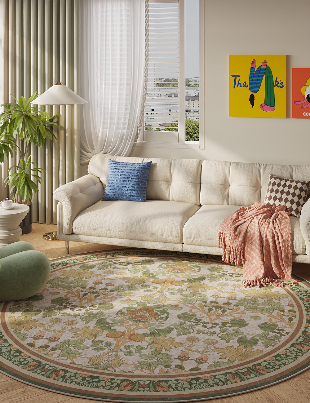 Morning Garden Green Khaki Washable Rug