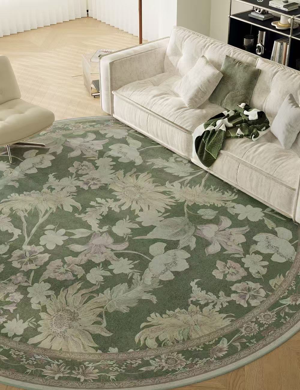 Romantic Blooms Olive Green Washable Rug