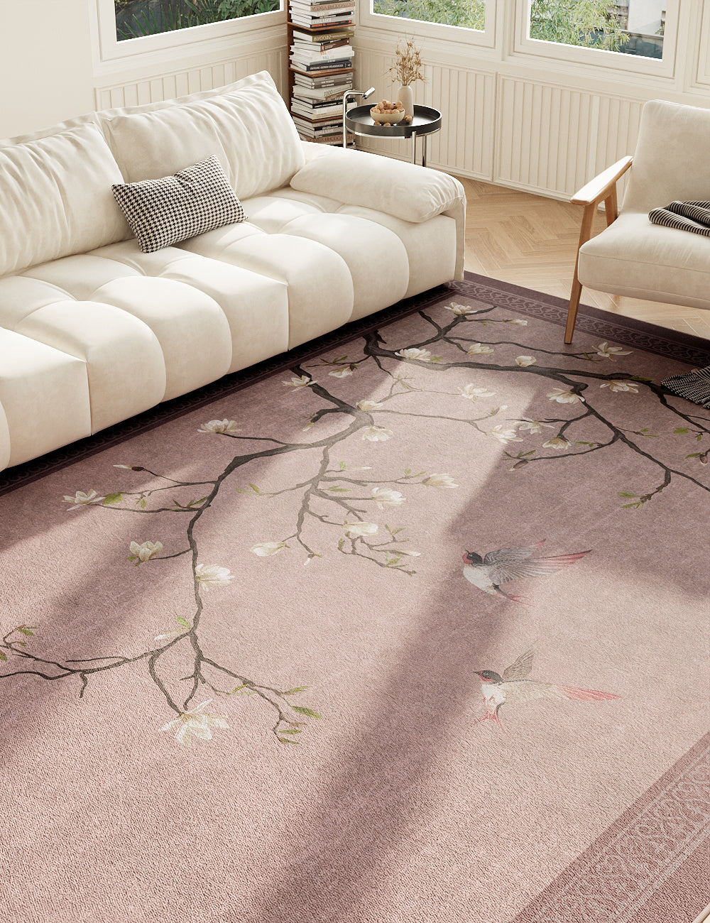 Noble Blossom Blush Pink Washable Rug (Distressed Designs)