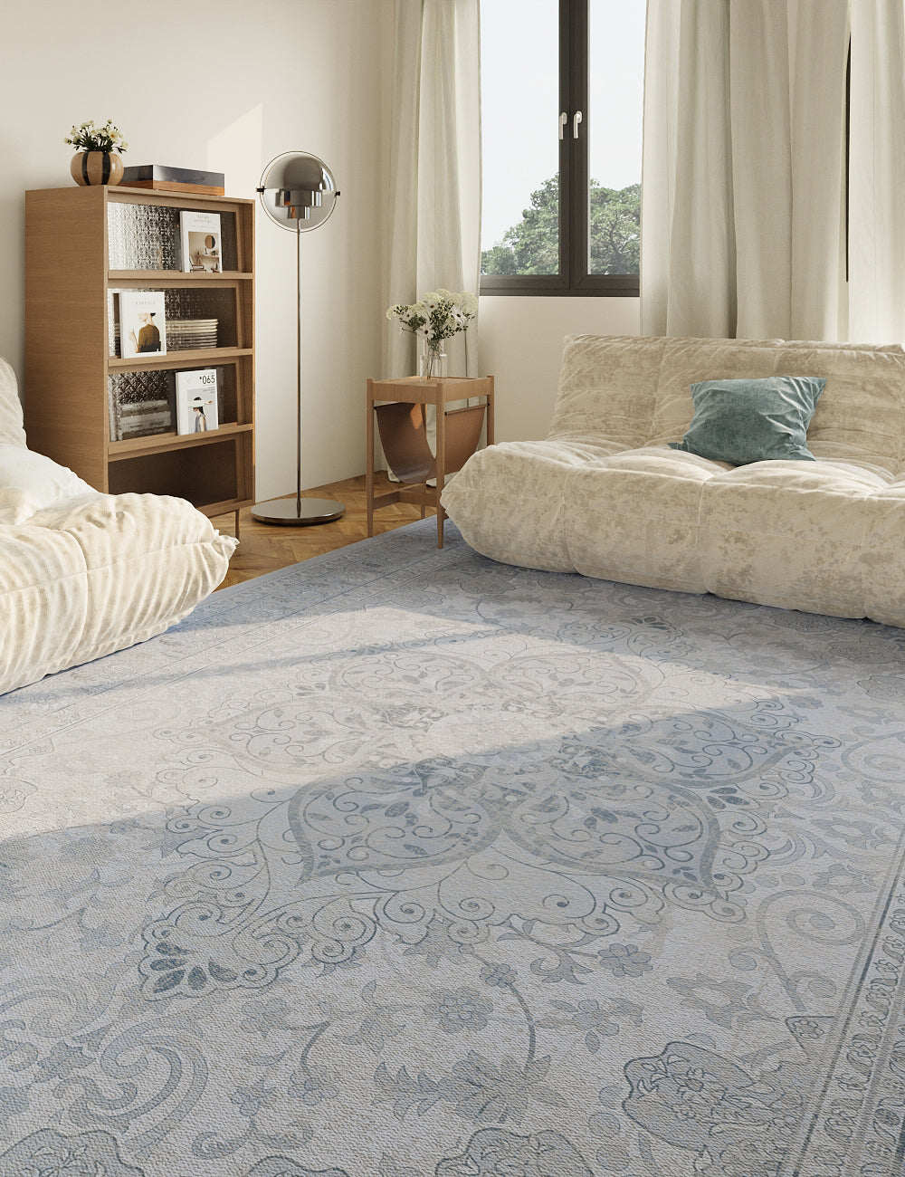 Sacred Bloom Mist Blue Washable Rug