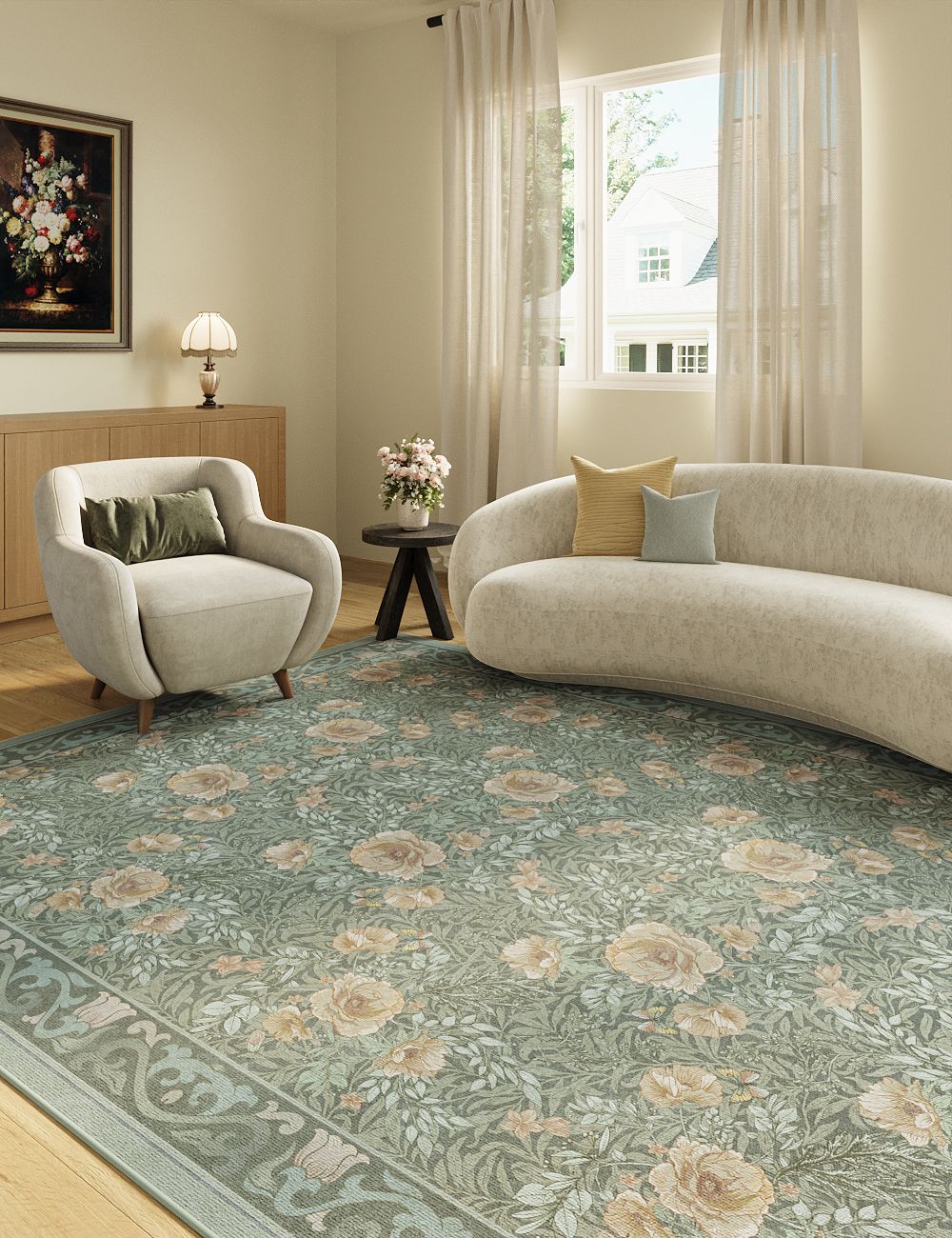 Twilight Garden Misty Green Washable Rug