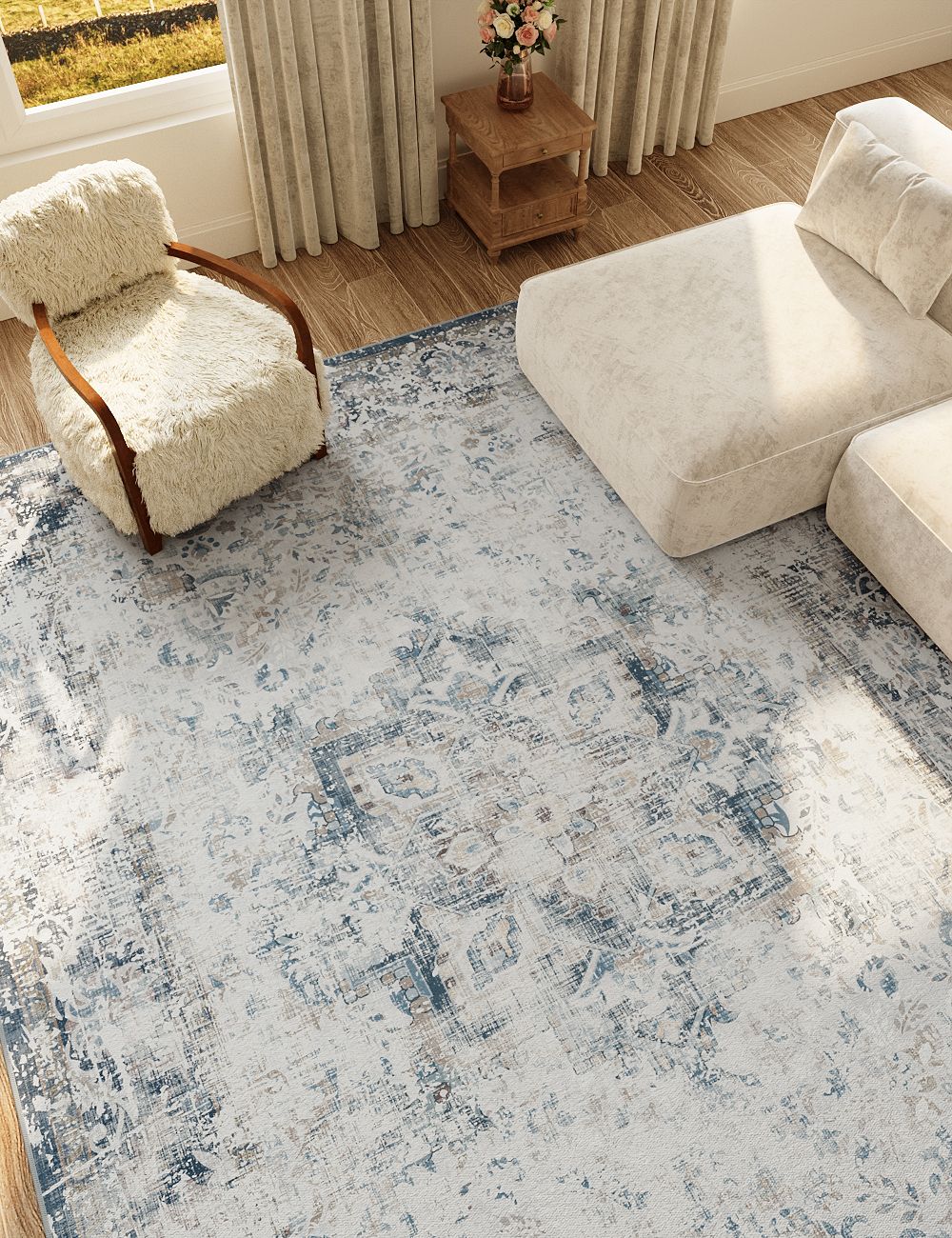Fleeting Spring Fog Blue Washable Rug
