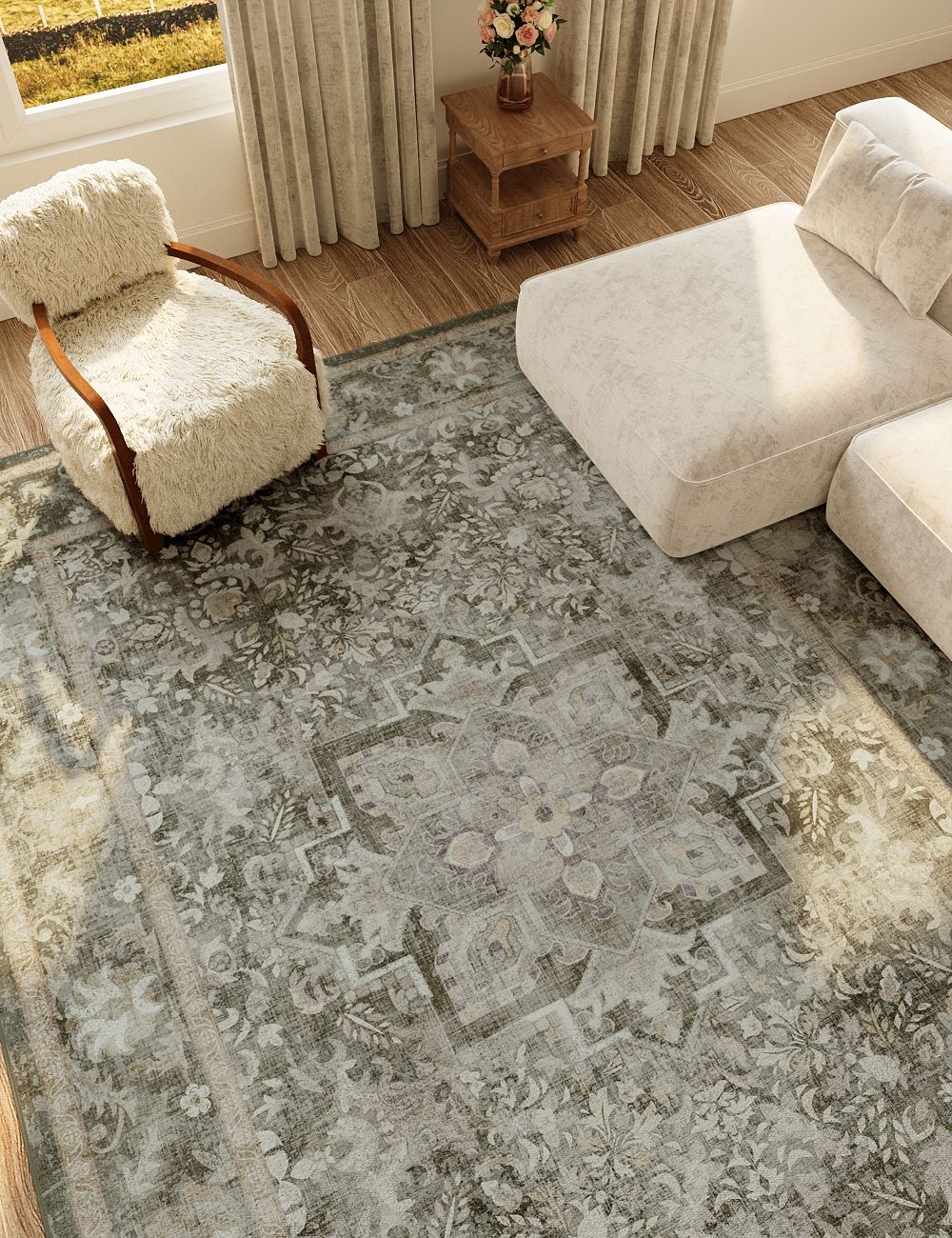 Fleeting Spring Muted Sage Washable Rug