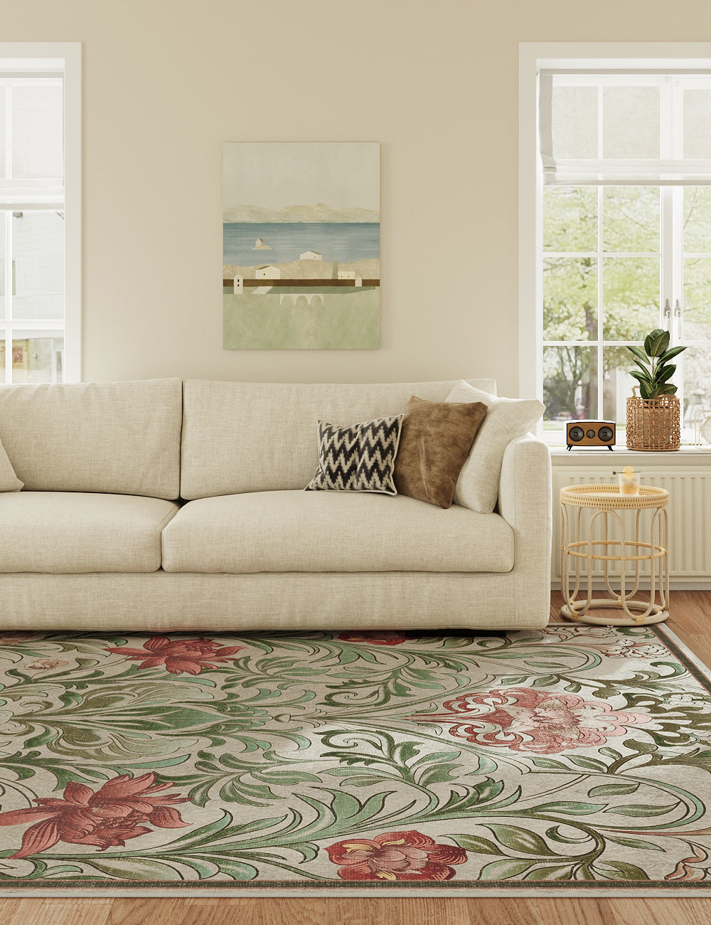 Verdant Tapestry Botanical Green Washable Rug