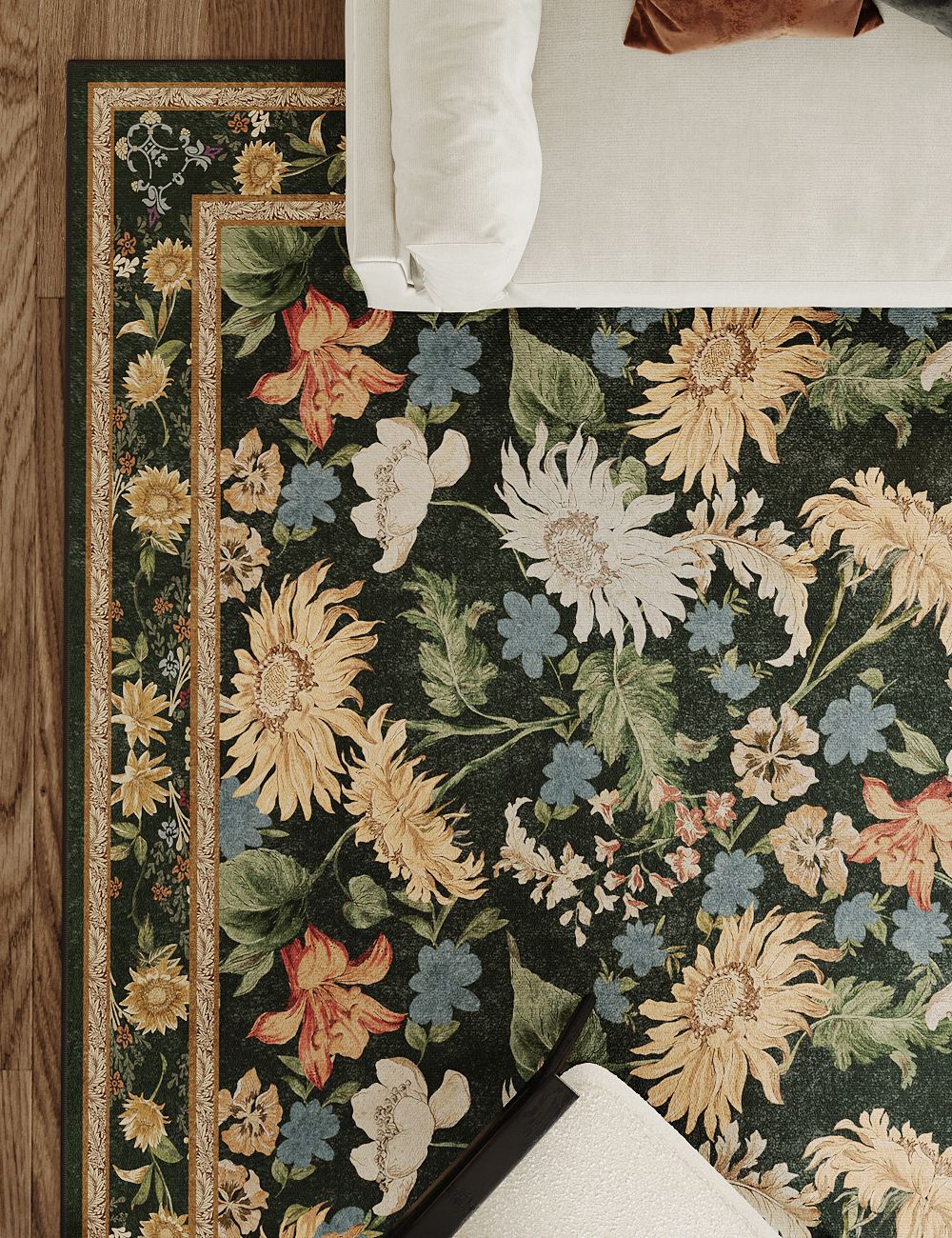 Romantic Blooms Jungle Green Washable Rug