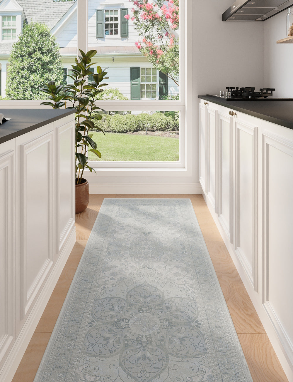 Sacred Bloom Mist Blue Washable Rug
